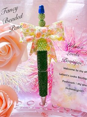 Green Crystal Beaded Bow Pen with Floral Bow Accent